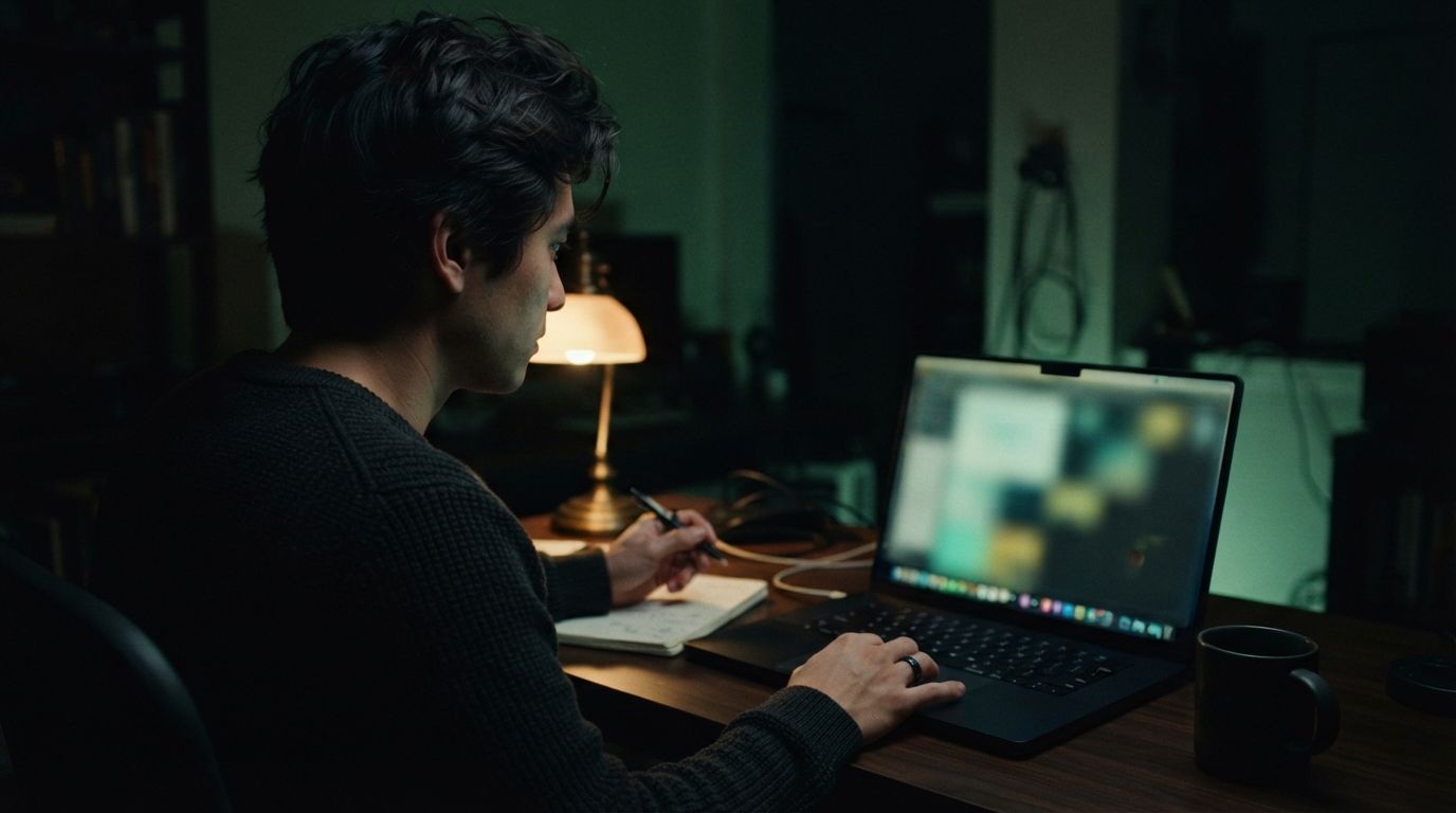 Person working at a laptop beside a lit desk lamp, notebook, pen, cables, and mug in a dim room.