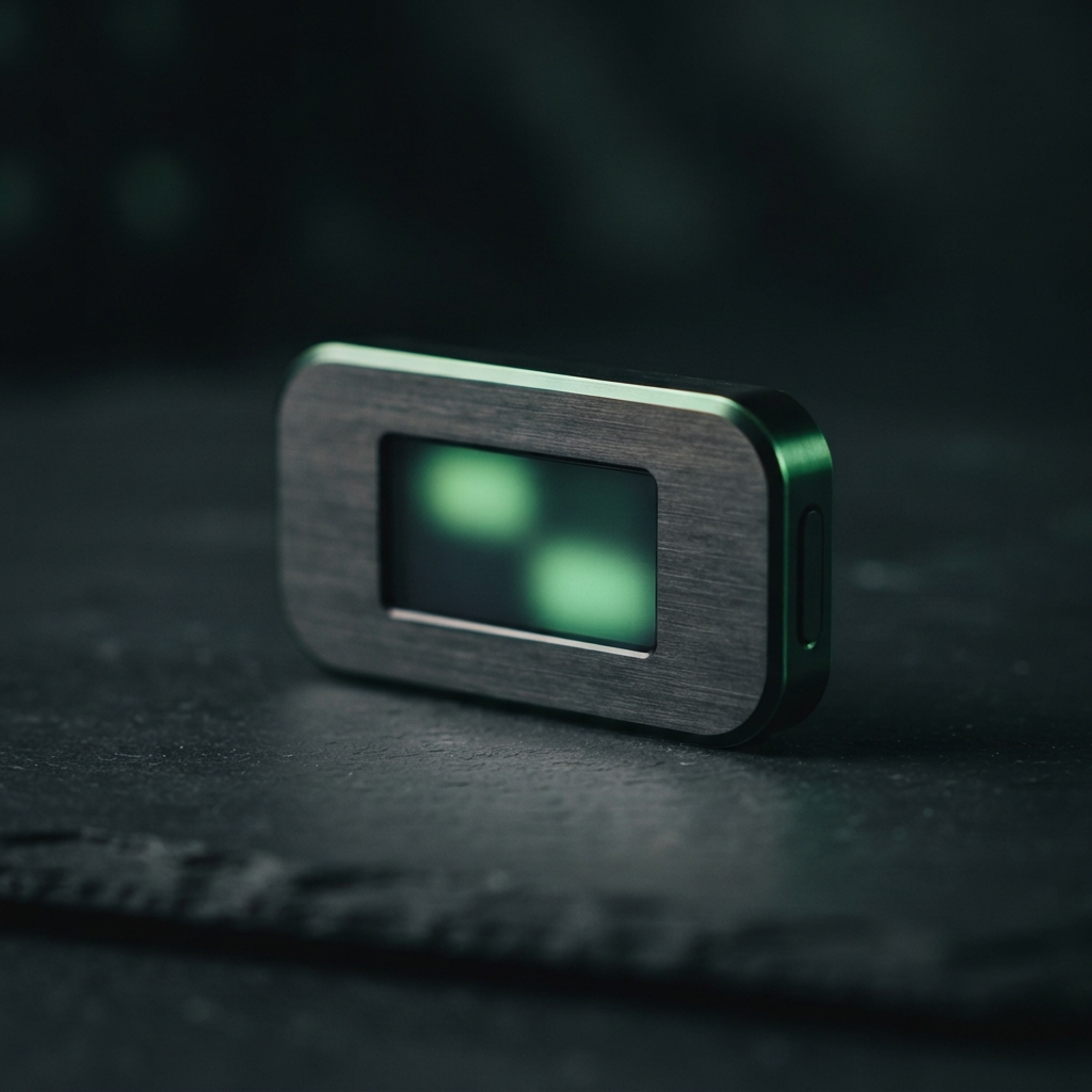 Small dark rectangular device with a glowing green screen and side button on a textured tabletop.